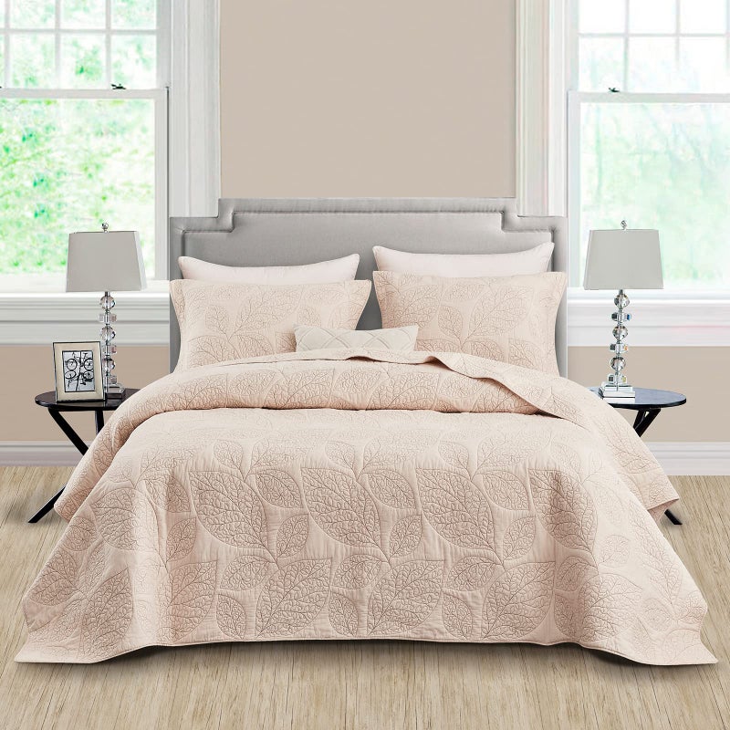 CHIXIN Botanical Cotton Quilt King Size - Real Stitching Leaf Pattern - Quilted Bedspread Coverlet Set, Ultra Soft, Lightweight, Reversible, 3 Piece, Oatmeal - Image 1